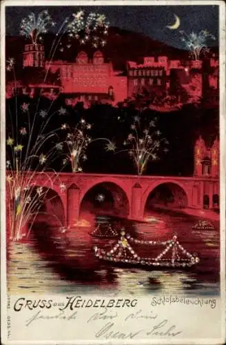 Ak Heidelberg am Neckar, Schlossbeleuchtung, Feuerwerk