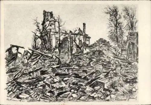 Künstler Ak Gachot, Jacques, Hatten Elsass Bas Rhin, zerstörte Kirche, Ruinen