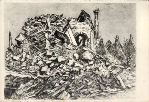 Künstler Ak Gachot, Jacques, Rittershoffen Elsass Bas Rhin, zerstörtes Gebäude, Ruine