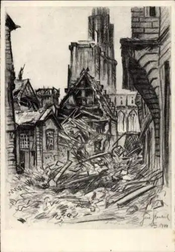 Künstler Ak Gachot, Jacques, Strasbourg Straßburg Elsass Bas Rhin, zerstörte Häuser, Kirche