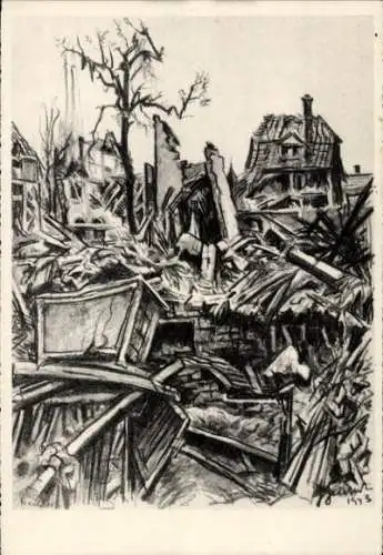 Künstler Ak Gachot, Jacques, Neudorf Strasbourg Straßburg Elsass Bas Rhin, zerstörte Häuser, Ruine
