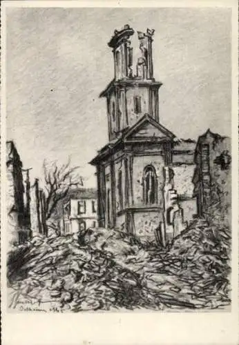 Künstler Ak Gachot, Jacques, Ostheim Elsass Haut Rhin, zerstörte Kirche, Krieg