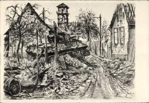 Künstler Ak Gachot, Jacques, Drusenheim Elsass Bas Rhin, Panzer zerstört Häuser, Kriegsszene