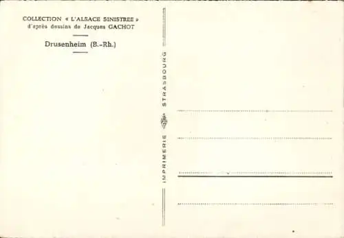 Künstler Ak Gachot, Jacques, Drusenheim Elsass Bas Rhin, Panzer zerstört Häuser, Kriegsszene