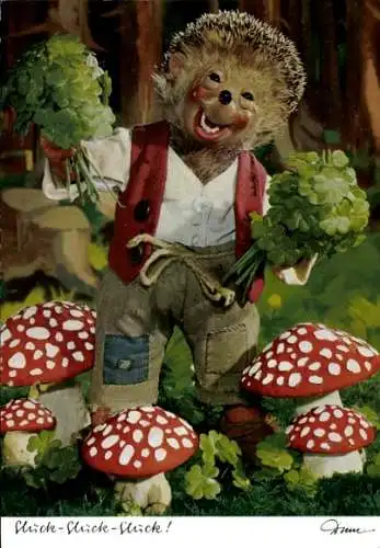 Ak Glück Glück Glück, Mecki der Igel, Kleeblätter, Fliegenpilze