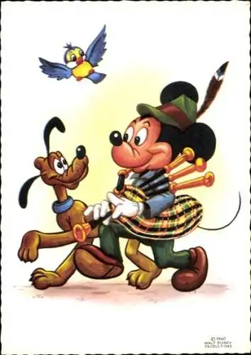 Ak Walt Disney, Micky Maus, Pluto, Dudelsack