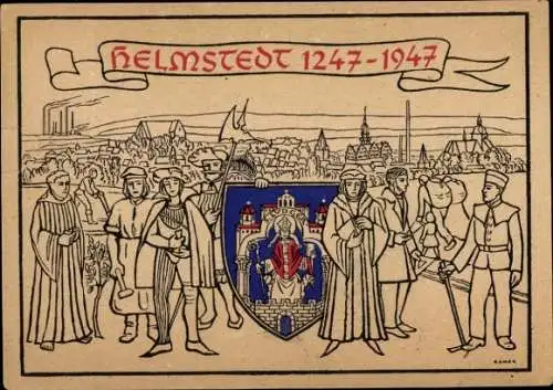 Künstler Ak Helmstedt in Niedersachsen, Wappen, Teilansicht, 1247-1947, Festlegung Stadtrechte