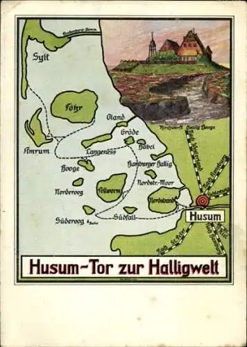 Landkarten Ak Husum in Nordfriesland, Sylt, Föhr, Pellworm, Nordstrand, Kirchwarft Hallig Hooge