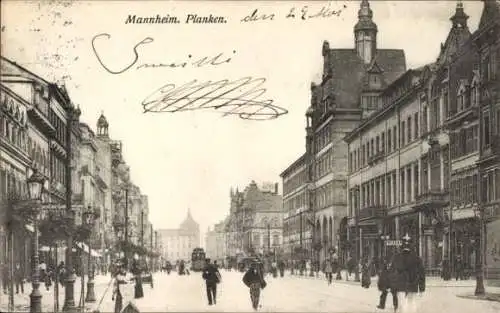 Ak Mannheim in Baden, Planken, Straßenbahn, Passanten
