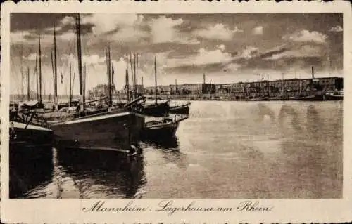Ak Mannheim, Lagerhäuser am Rhein, Segelschiffe
