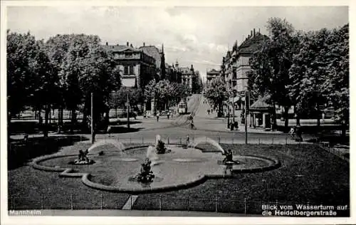 Ak Mannheim in Baden, Heidelbergerstraße, Blick vom Wasserturm, Springbrunnen