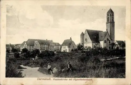 Ak Darmstadt in Hessen, Pauluskirche mit Hypothekenbank, Panoramaansicht