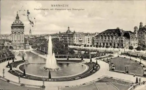 Ak Mannheim in Baden Württemberg, Friedrichplatz, Wasserturm, Rosengarten