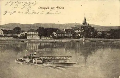 Ak Oestrich Winkel am Rhein Rheingau, Teilansicht, Raddampfer