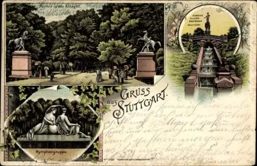 Litho Stuttgart in Württemberg, Nymphengruppe, Parkanlagen, Herzog-Eugen-Brunnen