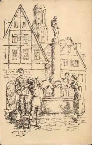 Künstler Ak Dt. Jugendherbergen Zweigausschuss Brandenburg Berlin, Poststr. 16, Stadtmotiv, Brunnen
