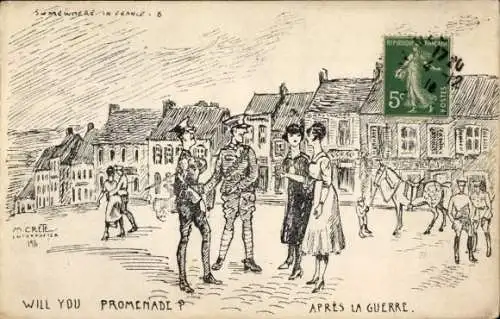 Künstler Ak Crete, M., Frankreich, Soldaten sprechen Frauen an, Szene nach dem Krieg