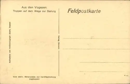Ak Vogesen, Truppen auf dem Wege zur Stellung, Deutsche Soldaten, I. WK