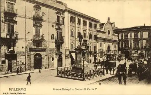 Ak Palermo Sizilien Sicilia Italien, Piazza Bologni e Statua di Carlo V