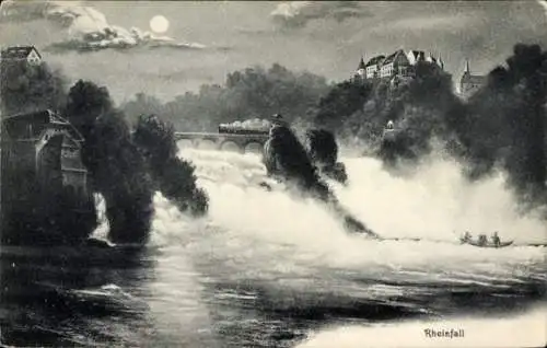 Ak Neuhausen am Rheinfall Kanton Schaffhausen, Rheinfall, Wasserfall, Schloss Laufen, Eisenbahn