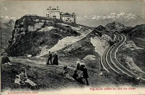 Ak Rigi Kulm Kanton Schwyz, Hotel mit den Alpen, Rigibahn