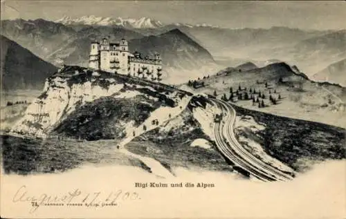 Ak Rigi Kulm Kanton Schwyz, Hotel mit den Alpen, Rigibahn