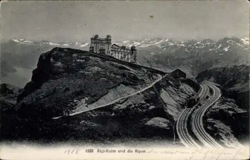 Ak Rigi Kulm Kanton Schwyz, Hotel mit Zahnradbahn