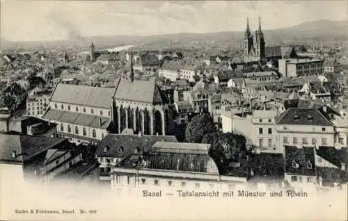 Ak Bâle Basel Stadt Schweiz, Totalansicht mit Münster und Rhein