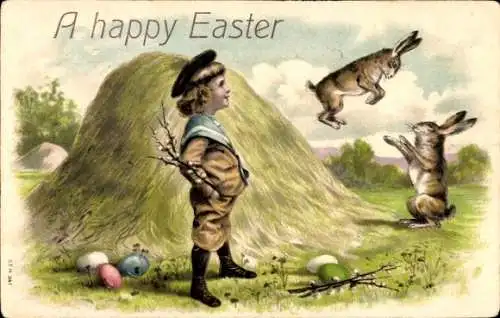 Präge Ak Glückwunsch Ostern, Jase springt von einem Heuhaufen, Junge, Ostereier, Weidenkätzchen