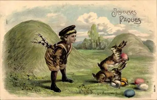 Präge Ak Glückwunsch Ostern, Junge beobachtet Hasen, Ostereier, Weidenkätzchen