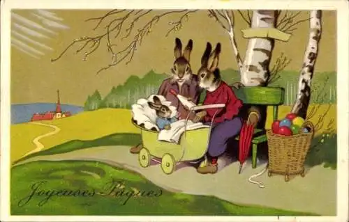 Ak Glückwunsch Ostern, Vermenschlichte Hasen, Kinderwagen, Ostereier