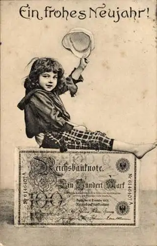 Ak Glückwunsch Neujahr, Reichsbanknote, Geldschein, Kind