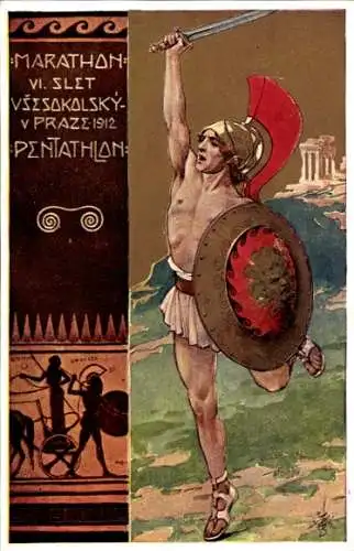Künstler Ak Praha Prag, Marathon, VI. Slet Vzesokolsky 1912, Pentathlon, Läufer