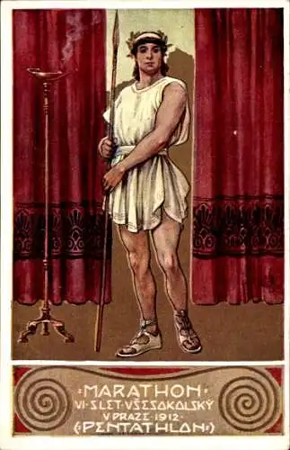 Künstler Ak Praha Prag, Slet Vsesokolski 1912, Pentathlon, Speerwerfer