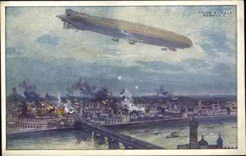 Künstler Ak Schulze, Hans Rudolf, Zeppelin, Luftschiff Schütte Lanz, Warschau bombardierend, I. WK