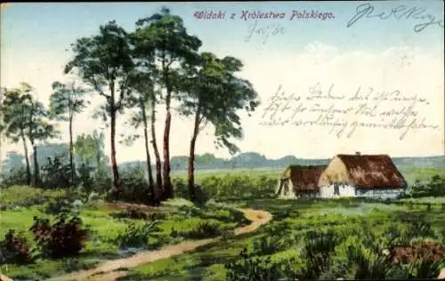 Ak Polen, Wohnhäuser, Straße, Bäume, Landschaft