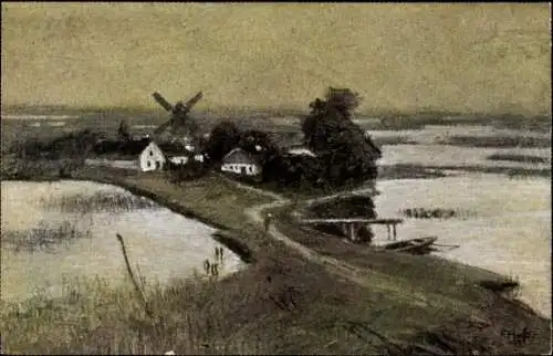 Künstler Ak Hass, Fritz, Ostpreußen, Masurische Landschaft, Grondzter Halbinsel, Windmühle