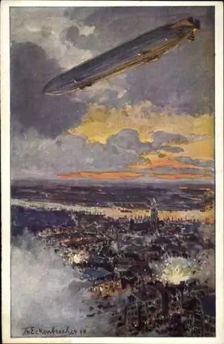 Künstler Ak von Eckenbrecher, Themistokles, Zeppelin über Antwerpen, Schlacht, I. WK