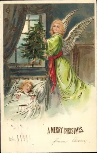 Präge Ak Glückwunsch Weihnachten, Engel, Tannenbaum, Schlafendes Kind