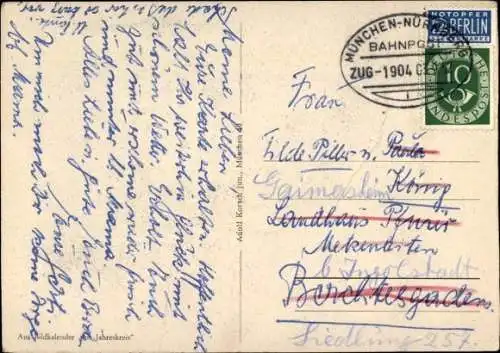 Ak Bahnpoststempel München-Nürnberg Zug 1904