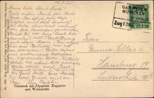 Ak Bahnpoststempel Garmisch-München Zug 1368