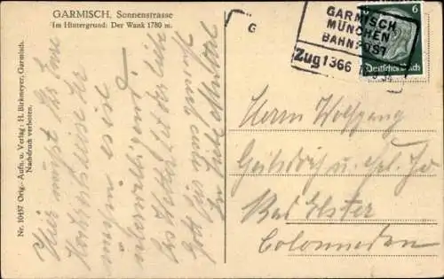 Ak Bahnpoststempel Garmisch-München Zug 1366