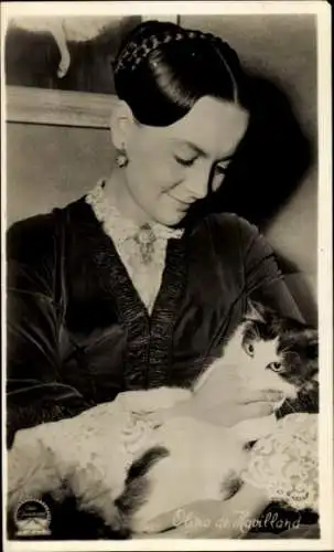 Ak Schauspielerin Oliva de Havilland, Portrait, Katze