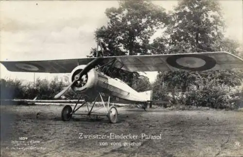 Ak Zweisitzer Eindecker Morane Saulnier N Parasol von vorn gesehen, Kampfflugzeug, Sanke 1034