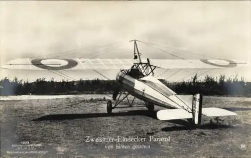 Ak Zweisitzer Eindecker Parasol von hinten gesehen, Kampfflugzeug, Sanke 1033