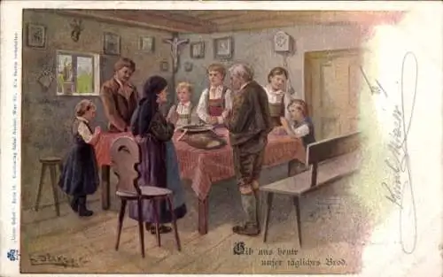 Künstler Ak Döcker, E., Familie beim Tischgebet