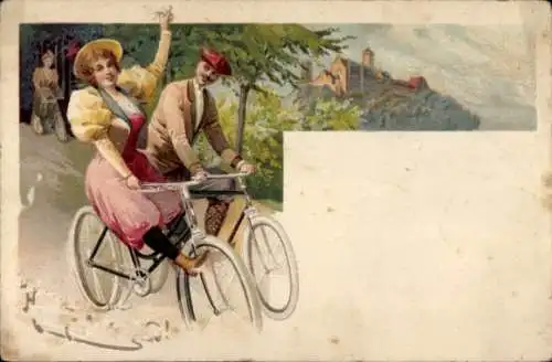 Litho Mann und Frau auf Fahrrädern, Wartburg im Hintergrund