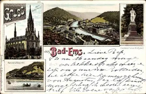 Litho Bad Ems an der Lahn, Neue kath. Kirche, Kursaal, Kurgarten, Kaiser Wilhelm Denkmal