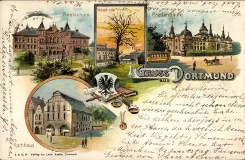 Litho Dortmund im Ruhrgebiet, Fredenbaum, Vehmlinde, Realschule, Rathaus