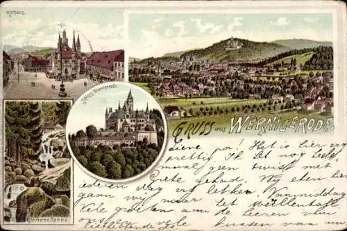 Litho Wernigerode im Harz, Rathaus, Schloss Wernigerode, Steinerne Renne, Gesamtansicht
